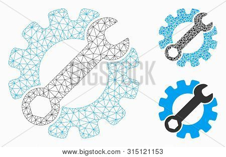 Mesh Service Tools Model With Triangle Mosaic Icon. Wire Carcass Triangular Mesh Of Service Tools. V