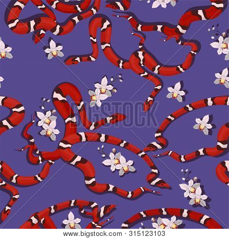 Seamless Pattern Of Milk Snakes And Orchids. For Fabric And Wrapping Paper. Vector Image.