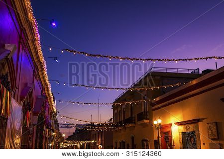 Colorful Mexican Red Yellow Illuminated Street Street Lights Evening Night Oaxaca Juarez Mexico