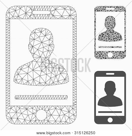 Mesh Mobile Person Contact Model With Triangle Mosaic Icon. Wire Carcass Triangular Mesh Of Mobile P