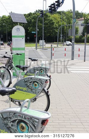 Poland, Belostok - July 13, 2019. Bicycles Are At The Station. Urban Ecological Transport For Hire. 