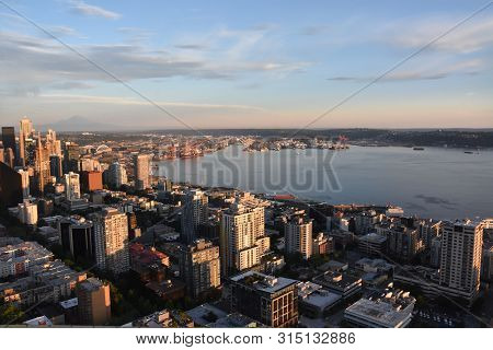 Seattle, Wa - Jul 12: Aerial View From The Space Needle In Seattle, Washington, On July 12, 2019. Th