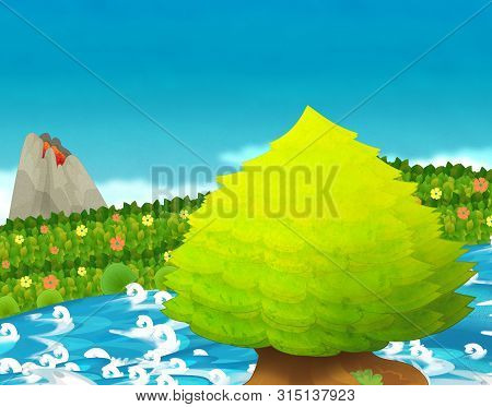 Cartoon Scene With Stream Or River Near Some Jungle And Active Volcano With Nobody On The Stage - Il