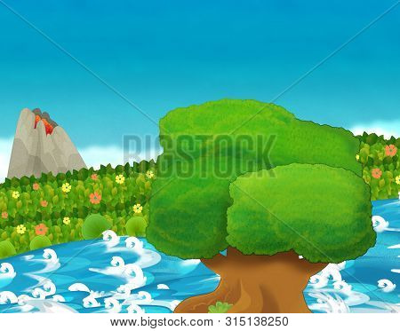 Cartoon Scene With Stream Or River Near Some Jungle And Active Volcano With Nobody On The Stage - Il