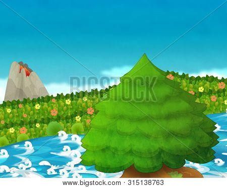 Cartoon Scene With Stream Or River Near Some Jungle And Active Volcano With Nobody On The Stage - Il