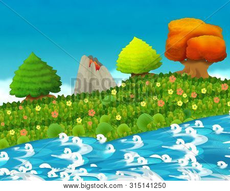 Cartoon Scene With Stream Or River Near Some Jungle And Active Volcano With Nobody On The Stage - Il