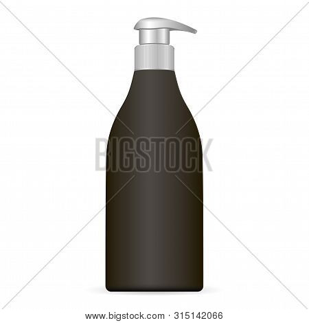 Black Plastic Cosmetic Bottle With Silwer Cap Isolated On White Background. Package With Pump Dispen