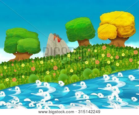 Cartoon Scene With Stream Or River Near Some Jungle And Active Volcano With Nobody On The Stage - Il