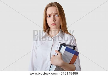 Photo Of Student Having Bad Result Of Exam, Model Posing Isolated Over White Background, Girl Studie