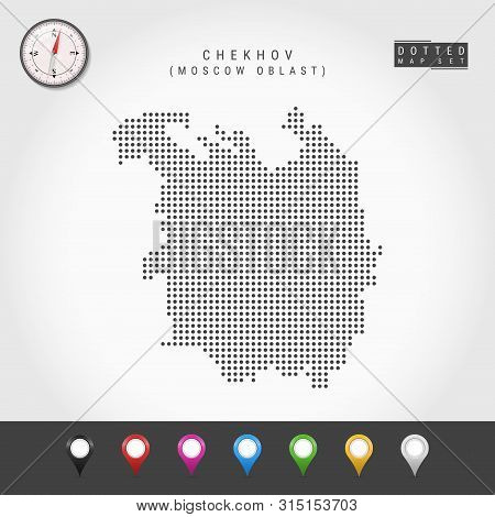 Dots Map Of Chekhov, Moscow Oblast. Simple Silhouette Of Chekhov. Vector Compass. Multicolored Map M