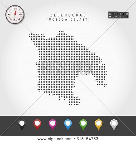 Dots Map Of Zelenograd, Moscow Oblast. Simple Silhouette Of Zelenograd. Vector Compass. Multicolored