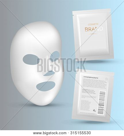 Plastic Packaging With Sheet Mask. Blank Foil Or Plastic Sachet For Food Or Medicines. Design Templa