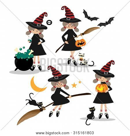 Vector Illustration Of Halloween Little Witches Collection.