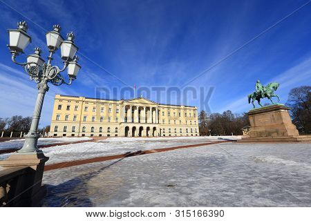 Oslo, Norway - March 1, 2019: Det Kongelige Slott, The Royal Palace In Oslo, Norway. The Palace Is T