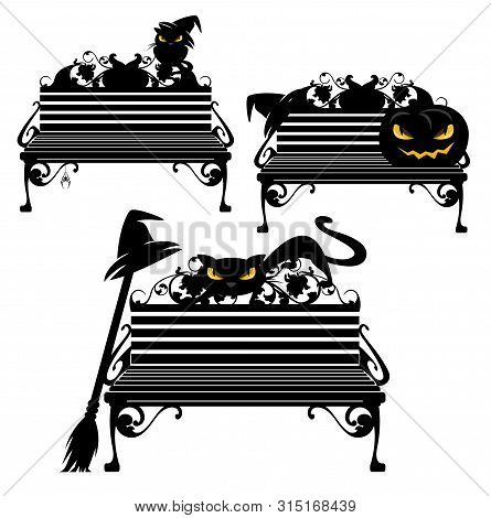 Halloween Characters Sitting On Bench - Witch Black Cat With Hat, Pumpkin, Broom And Spider Black Ve