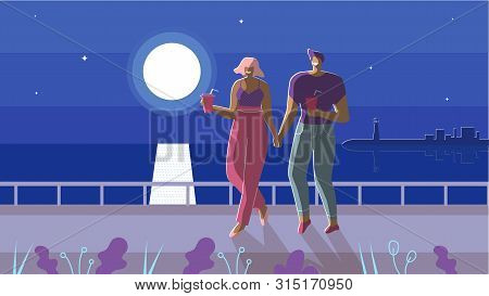 Happy Smiling Couple In Love Walking Under Moonlight Cartoon. Man And Woman In Love With Takeaway Dr
