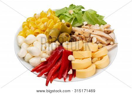 Plate Assortment Of Healthy Food, Bowl With Amlet And Mozzarella, Sweet Pepper And Chicken, Lifestyl
