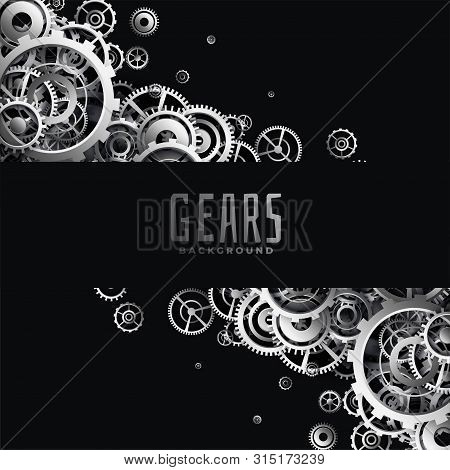 3d Metallic Gears On Black Background Vector Illustration