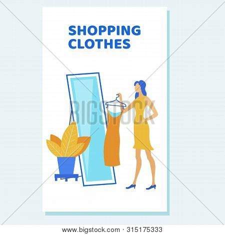 Young Woman Character Stand At Big Mirror Try On Fashioned Casual Clothes In Apparel Store. Shopping