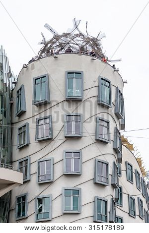 Prague, Czech Republic - May 8, 2019: Closeup On Dancing House (called Ginger And Fred) In New Town 