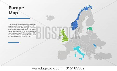 Europe Or European Union Map Divided Into States Or Countries With Modern Borders. Touristic Locatio