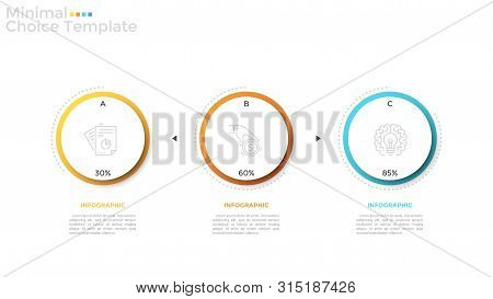 Three Separate Paper White Circular Elements With Linear Icons And Percentage Indication Inside. Con