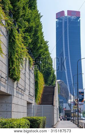 Milan, Italy - June 28, 2019: Generali Tower By Zaha Hadid In City Life Complex, Tre Torri Milan Pla