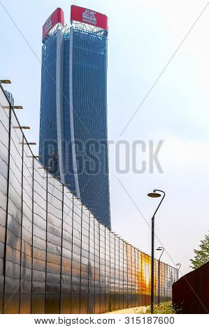 Milan, Italy - June 28, 2019: Generali Tower By Zaha Hadid In City Life Complex, Tre Torri Milan Pla