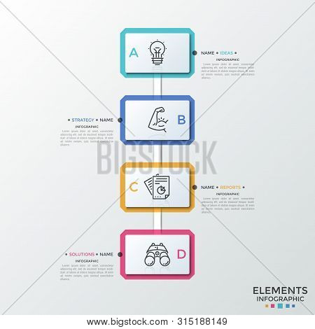 Four Paper White Rectangular Elements With Linear Icons Inside Connected Into Vertical Row. Concept 