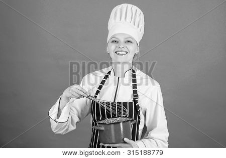Whipping Cream Tips And Tricks. Woman Professional Chef Hold Whisk And Pot. Whipping Like Pro. Girl 