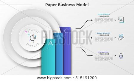 Three Paper White Circles And Colorful Rectangular Elements With Letters, Place For Text And Linear 
