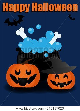 Vector Illustration Of Witch Pot Near Pumpkins On The Floor And 
