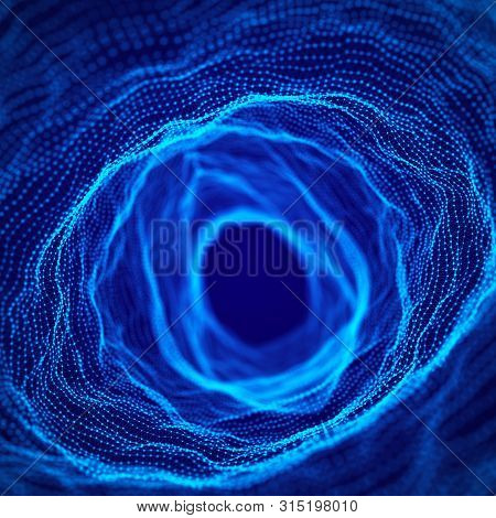 Abstract 3D Portal. Tunnel Or Wormhole. Wireframe 3D Surface Tunnel. 3D Rendering.