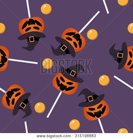 Halloween Seamless Pattern With Cute Halloween Pumpkin Lollipop.