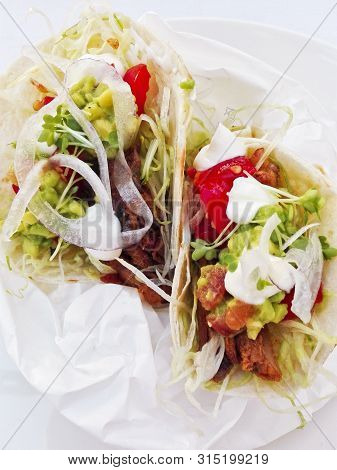 Apetizer. Italian Natural Fresh Salad With Cheese, Mushrooms, Onions And Piadina (italian Pita)