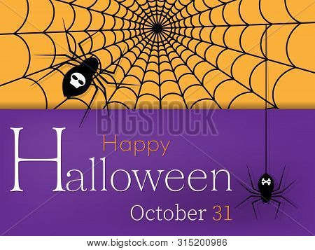 Halloween Background With Happy Halloween Text, Spiders And Web.