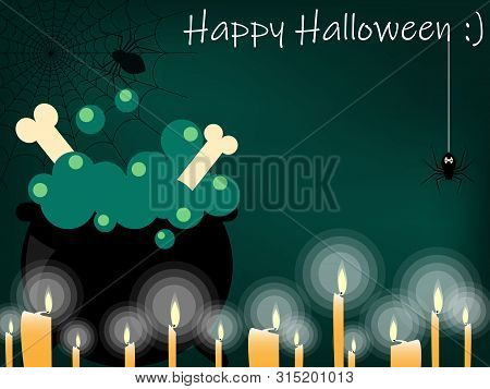 Halloween Background With Black Witch Cauldron, Spiders Web And Happy Halloween Text.