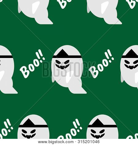 Halloween Seamless Pattern With Cute Ghost And Boo Text.