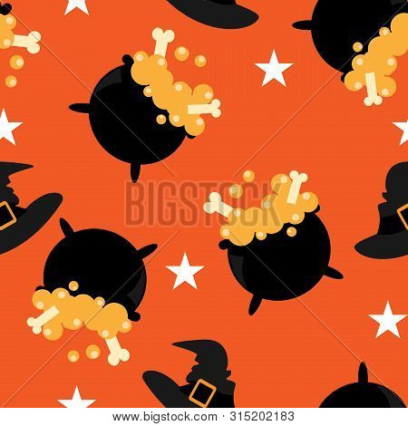 Halloween Seamless Pattern With Witches Hat And Witch Cauldron.
