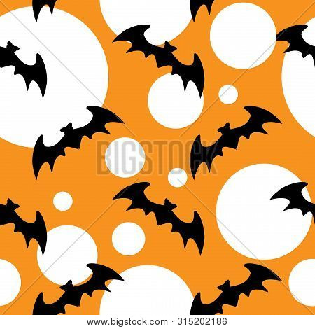 Halloween Seamless Pattern With Bats And Moon On Yellow Background.
