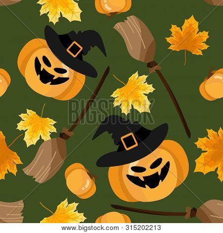 Halloween Seamless Pattern With Cute Halloween Pumpkin With Witches Hat, Autumn Leaves And Broom.
