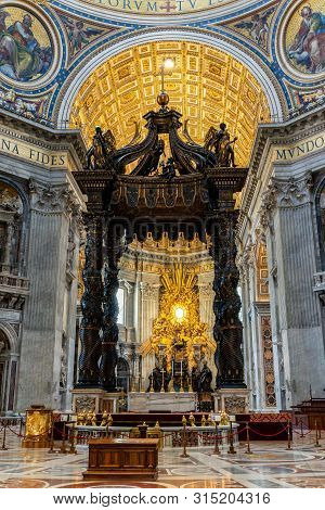 Vatican, Vatican - June 14 2019: Berninis Baldacchino Altar Inside St. Peters Basilica.