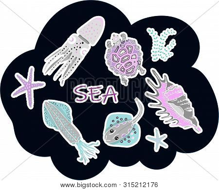 Sea Animals Stickers On Black Background.. Skat, Squid, Turtle, Starfish And Shell
