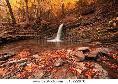 Autumn Mountain Waterfall Stream In The Rocks With Colorful Red Fallen Dry Leaves, Natural Seasonal 