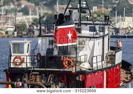 New Bedford, Massachusetts, Usa - August 2, 2019: Tug Morgan Crossing New Bedford Inner Harbor