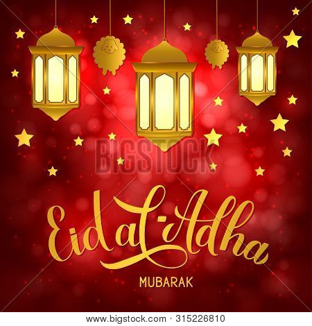 Eid Al-adha Gold Lettering Lanterns On Red Background. Kurban Bayrami Muslim Holiday Typography Post