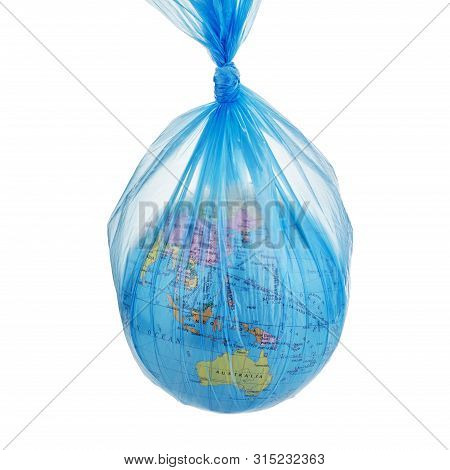 Globe Of Planet Earth Dressed In A Garbage Plastic Bag Isolated On White.