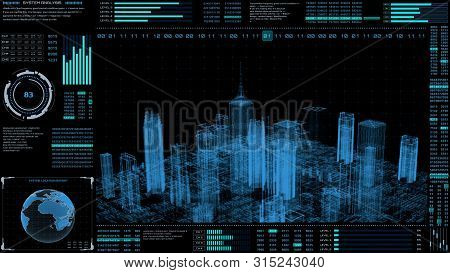 Hud Futuristic Virtual 3d Rendering Hologram City Target Scanning Mission Communication Report Panel