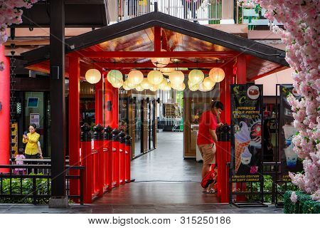 Chonburi, Thailand - Jul 21, 2019:red Bridge Japan Style Jpark.the Jpark Is Shopping Mall Which Deco