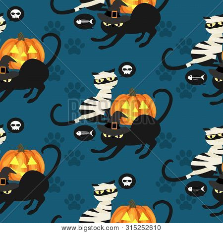 Halloween Seamless Pattern With Black Mummy Cat, Black Witch Cat, Skull, Fish Bone And Footprints.